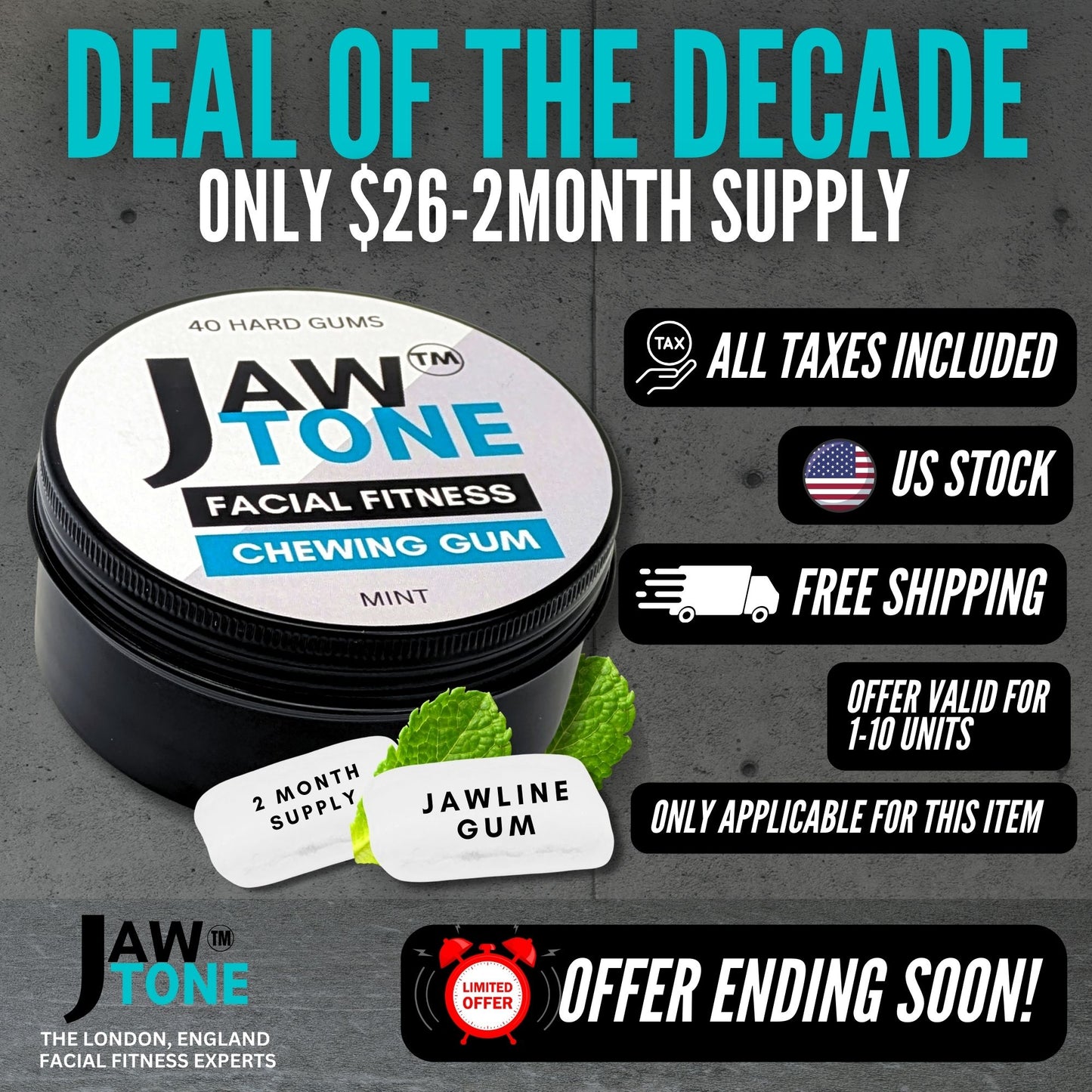 *USA ONLY FREE DELIVERY OFFER on Jawline Gum* JawTone™ - 12X HARD Jawline Gum (2 month supply) mint formulated for Jawline and Facial Fitness - mastic style gum VEGAN Xylitol Sweetened